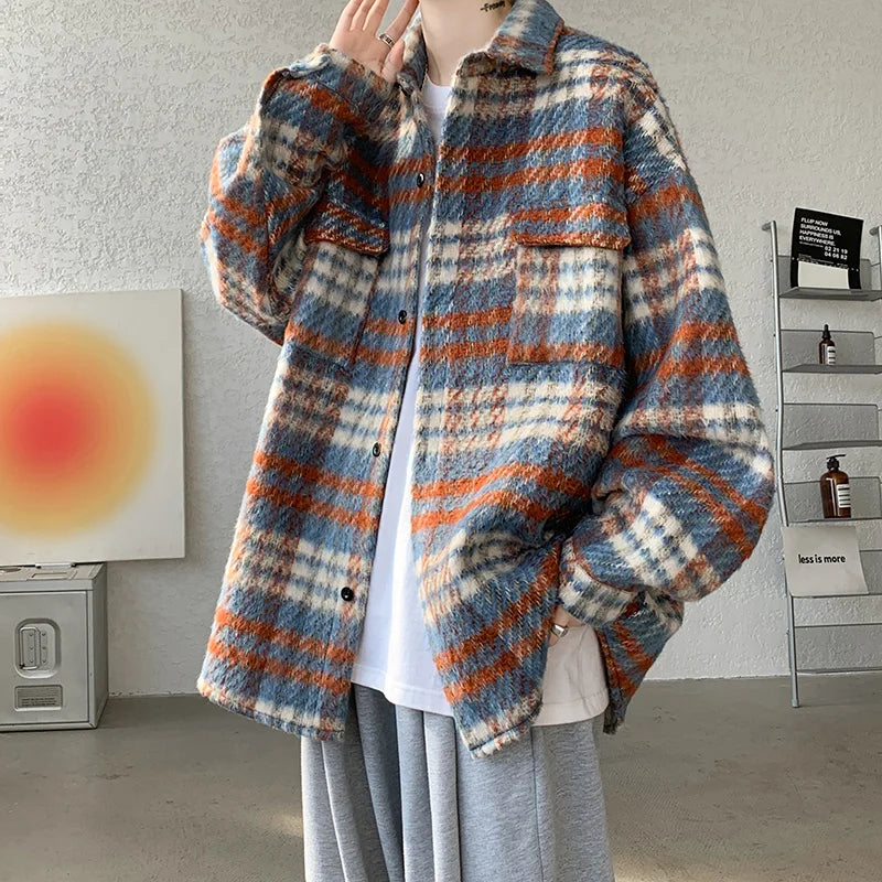 saferido Winter Short Woolen Coat Men Retro Thickened Woolen Jacket Men Korean Loose Plaid Woolen Coat Men Oversized Thick Jackets M-2XL