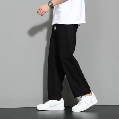 saferido Fashion Korean Sports Casual Loose Straight Jeans Men Solid Elastic Waist Drawstring Pockets Versatile Trendy Wide Leg Pants