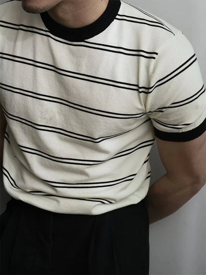 Streetwear Mens Fashion T Shirts Summer Knitwear Casual O Neck Short Sleeve Knitted T-shirt For Men Vintage Striped Knit Tops