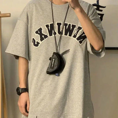 Summer Japanese 100% Cotton Short Sleeve T Shirt Men Heavy Retro Harajuku Letter Print Oversized T Shirt Top Streetwear