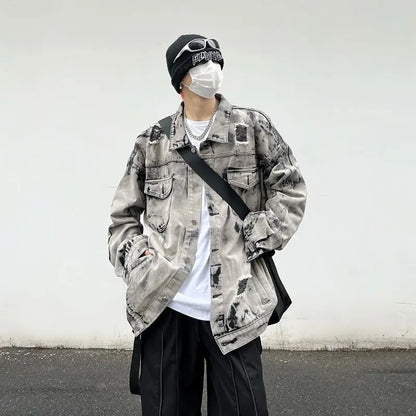 saferido Casual Tie Dyed Coat Men's Broken Hole High Street Harajuku Fashion Jacket Loose Korean Street Vintage Coat