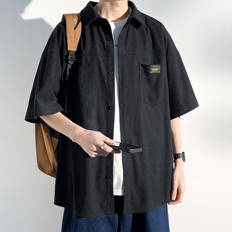 Spring Men's Corduroy short sleeve Shirts Fresh Harajuku Neutral Woman Fashion Casual Oversize Hip Hop College Shirt Coat