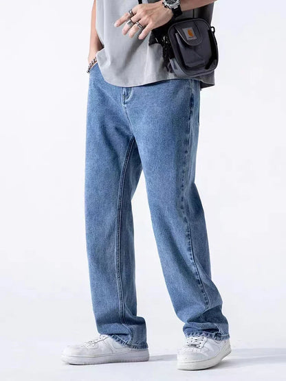 Spring Autumn Men's Jeans Straight Denim Pants Banding Waist Cotton Streetwear Wide Leg Loose Casual Blue Long Jeans Trousers