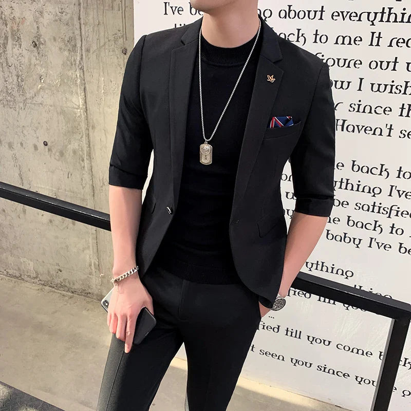 saferido (Jackt+Pant) 2 Pcs Set Men Suits Half Sleeve Spring Summer Slim British Short Sleeve Blazer Coat Trend Male Designer Tuxedo