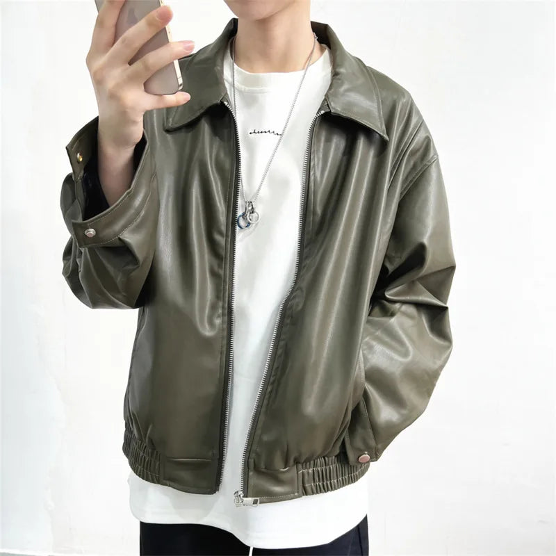 saferido Short Leather Jacket Men Oversized Zipper Motorcycle Jackets Men Streetwear Hip-hop Loose Bomber Jacket Mens Korean Coat M-2XL