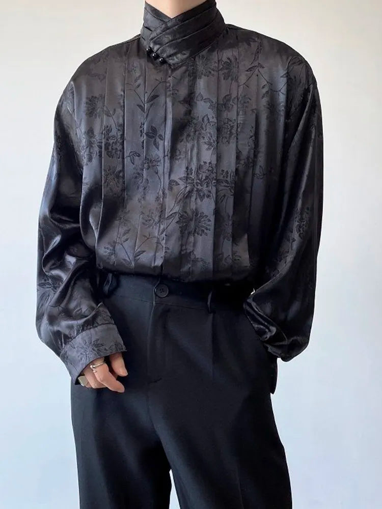 Pleated Stand Collar Jacquard Satin Trend Men's Shirt Long Sleeved Fashionable Autumn Male Tops Solid Color