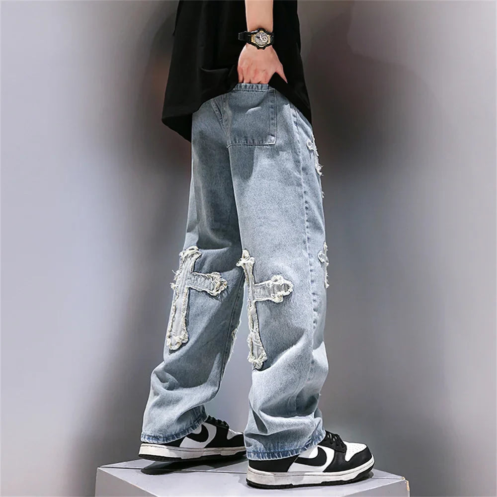 saferido High Street Jeans Men Cross Graphic Baggy Denim Pants Unisex Young Streetwear Blue Loose Punk Casual Fashion Y2k Trousers Summer