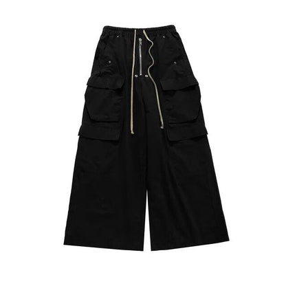 High Street Ro Wide Leg Black Casual Drawstring Trousers Men's Straight Loose Vibe Style Cargos Unisex Oversized Y2K Overalls