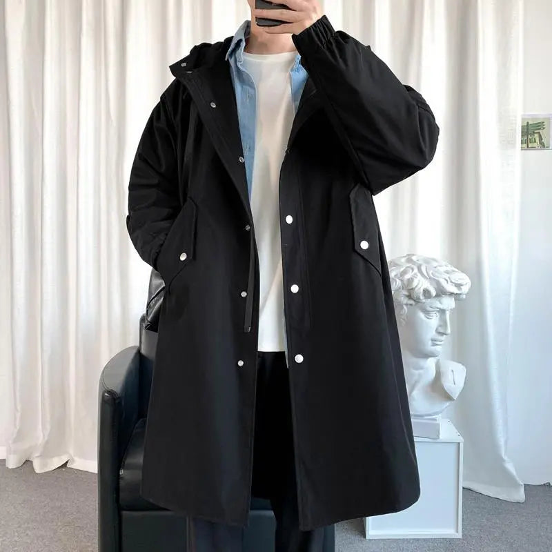 Men's Windbreaker Jacket Long Trench Oversize Loose Streetwear Hooded Vintage Black Coats High Street Casual Male Outerwear