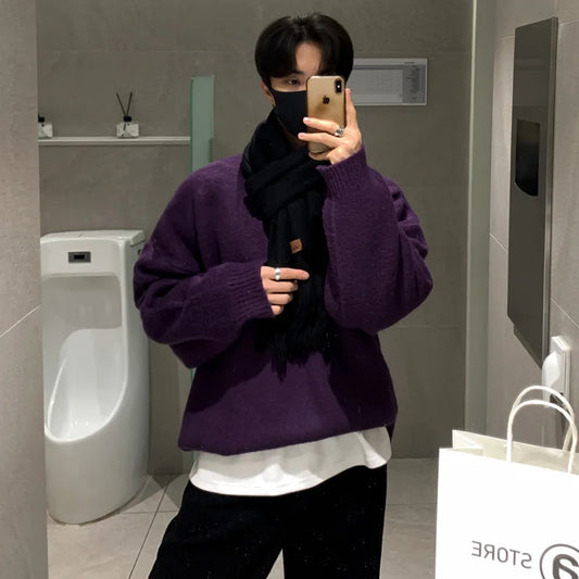 Men's Clothing Thickening Mohair Sweater Winter Loose Korean Style Vintage Kintted Sweater Round Collar Pullover