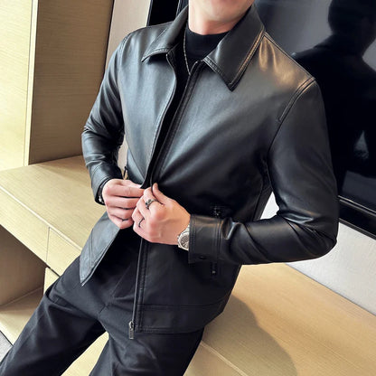 saferido Men's Motorcycle Leather Jacket Large Size Pocket Black Zipper Lapel Slim Fit Male Spring Autumn High Quality PU Coat