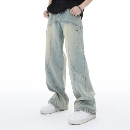 Baggy Jeans Men Wide Leg Straight-leg Topstitched Seam Solid Unisex Dance Hip Hop Rap Loose Trousers Y2k High Street Denim Pants