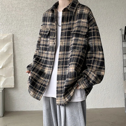 saferido Winter Short Woolen Coat Men Warm Oversized Retro Plaid Woolen Jacket Men Streetwear Korean Loose Thick Woolen Coat Mens Jackets