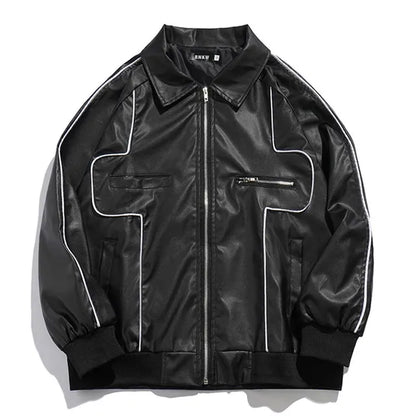 Spring PU Leather Motorcycle Jacket Men High Street Korean Letter Embroidery Bomber Coat Unisex Varsity Jacket Vintage Outwear