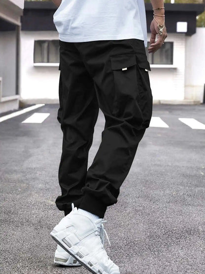 Men Flap Pocket Side Drawstring Waist Cargo Pants