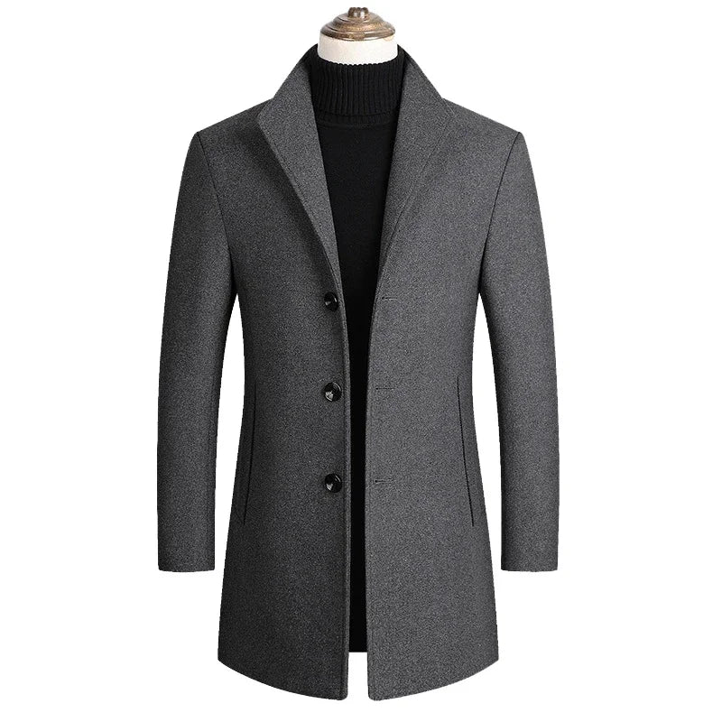 Men Wool Coat Solid Color Casual Warm Winter Wool Coat