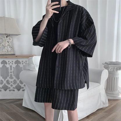 Summer Men Shorts Set Matching Shirts Letter Striped Floral Printing Outfits Short Sleeve Elastic Waist Thin Oversize Suit Man