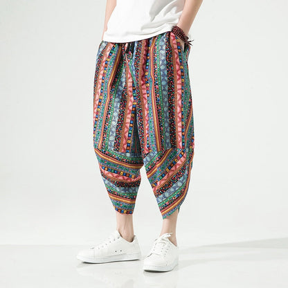 Summer Harajuku Calf Length Casual Men's Pants Wide Leg Cotton Linen Printing Harem Baggy Pants Fashion Men's Clothing