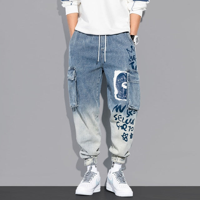 New Letter Print Jeans Men's Tide Loose Cartoon Graffiti Skinny Pants Ins Drawstring Pants Jogger Cargo Pants