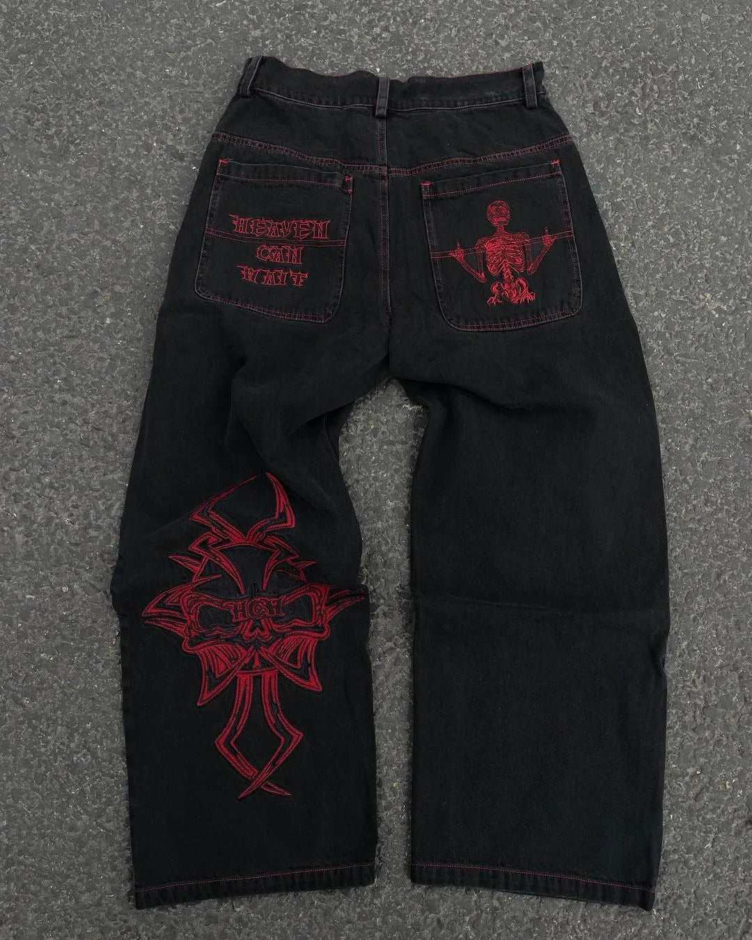 Retro Street Cross Skull Embroidery Baggy Jeans Y2k Men Women Loose Casual Straight Wide Leg Denim Pants High Waisted Pants