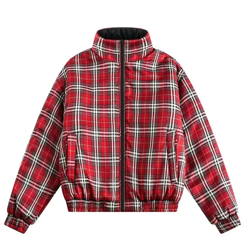 Vintage Double-sided Jacket Parka Men Women Cropped Plaid winter Thicken Stand Collar Loose Coat Street Outwear Lightweight New