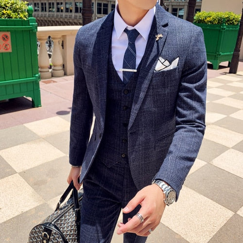 Men's Suit Jacket Vest Pants Fashion Boutique Plaid Casual Business Male Groom Wedding Tuxedo Dress 3 Pieces Set Blazers Coat