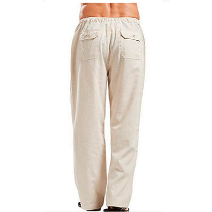 Men's Cotton Linen Pants Summer Solid Color Breathable Linen Trousers Male Casual Elastic Waist Fitness Pants