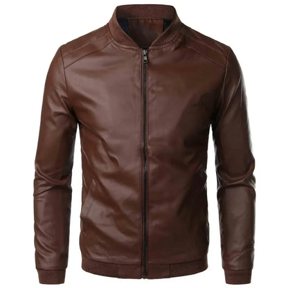 Men's Leather Jacket Fashion Motorcycle Slim Fit PU Leather Stand Collar Jacket