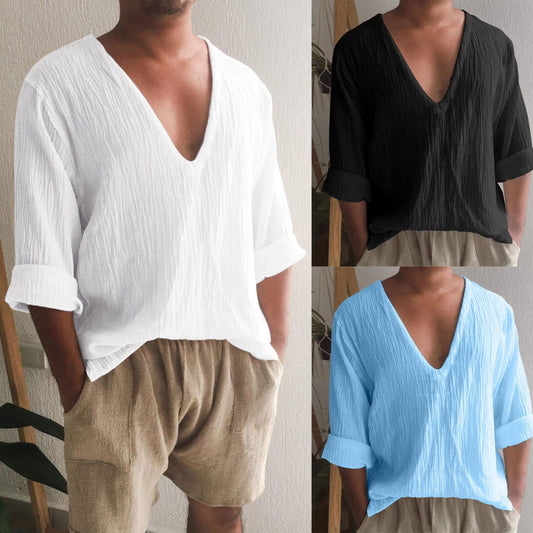 Vintage Imitation Linen Shirt Men Breathable Casual Long Sleeve Oversize Tops Summer V Neck Boho Style Mens Shirts 의류 Кофта