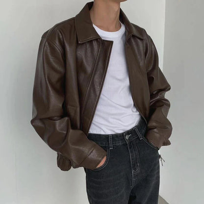 saferido Mens Autumn And Winter Retro Leather Casual Loose Short Leather Jacket Men'S Handsome And Elegant British Jacket Tops