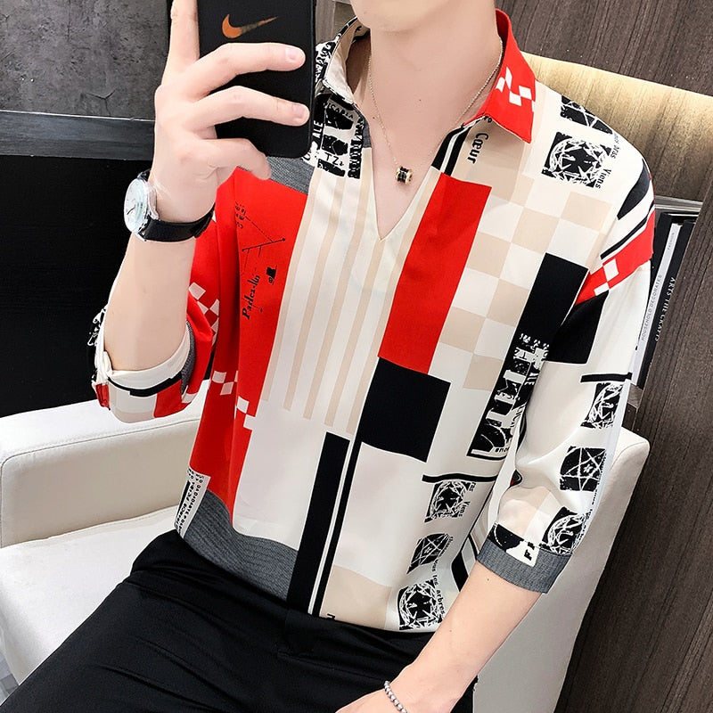 ngland Style Fashion Print Shirt Men Summer Men Three Quarter Sleeve Luxury Shirt Casual Loose Shirts