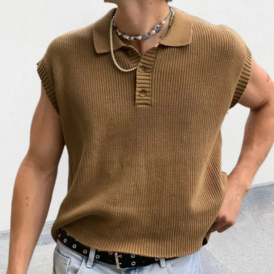 Solid Knitting Tops Men Sleeveless Buttoned Turn-down Collar Knit Vest Shirts Spring Summer Men's Clothing Fashion