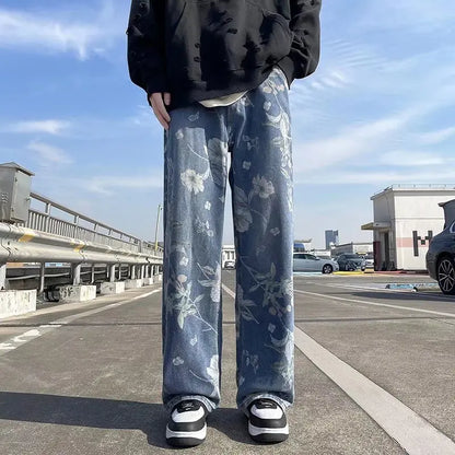 saferido Korean Style Mens Fashion Blue Printed Jeans 2024 Spring New Floral Denim Pants High Street Loose Straight Couples Trousers