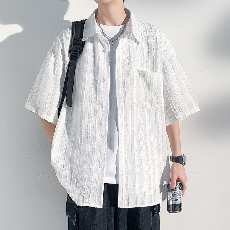 Spring Men's Corduroy short sleeve Shirts Fresh Harajuku Neutral Woman Fashion Casual Oversize Hip Hop College Shirt Coat