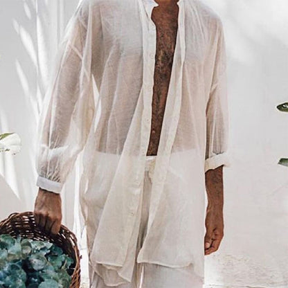 Summer Men's Beach Long Shirt Casual Loose Long Sleeve Lapel Button See Through Thin Shirts Men Clothes Leisure Solid Tops