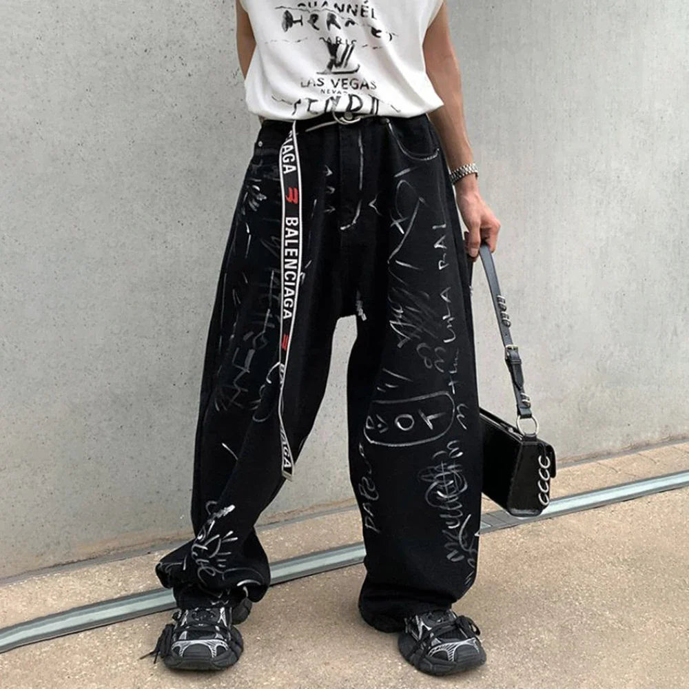 saferido 2024 Spring And Autumn Men's Casual Pants Fashionable Trendy Y2k Hip-Hop High Street Graffiti Printed American Vintage Trousers