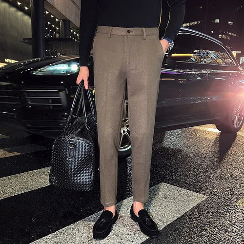 saferido Autumn Winter Suit Pants Men Thick Business Elastic Waist Classic Grey Brown Woolen Straight Korean Formal Trousers Male 29-35