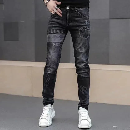 saferido Jeans Men Print Pants Loose Fit Blue Baggy Jeans Korea Fashion Wide Leg Pants Denim Trousers Men's Clothing Harem Pants