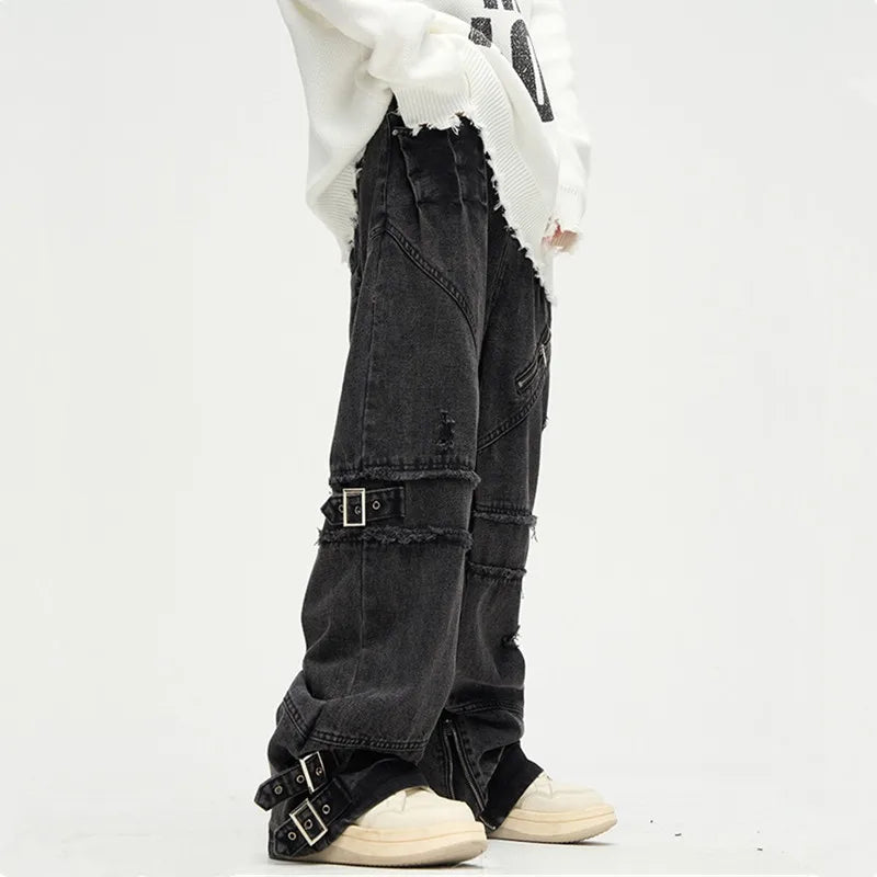 Y2K Streetwear Black Baggy Ripped Stacked Jeans Cargo Pants For Men Clothing Straight Denim Trousers Pantalon Homme