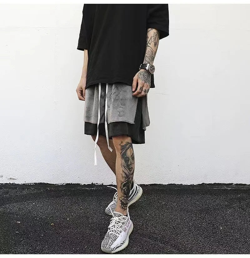 saferido Y2k American Street Sports Shorts Men's Summer Design Sense Fashion Pure Cotton Velvet Loose Basketball Casual Split Pants