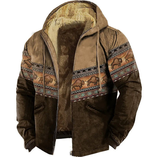 Men's Zipper Hoodies Bison Pattern Print Casual Winter Clothing Long Sleeve Sweatshirt Casual Hooded Jacket Outerwear