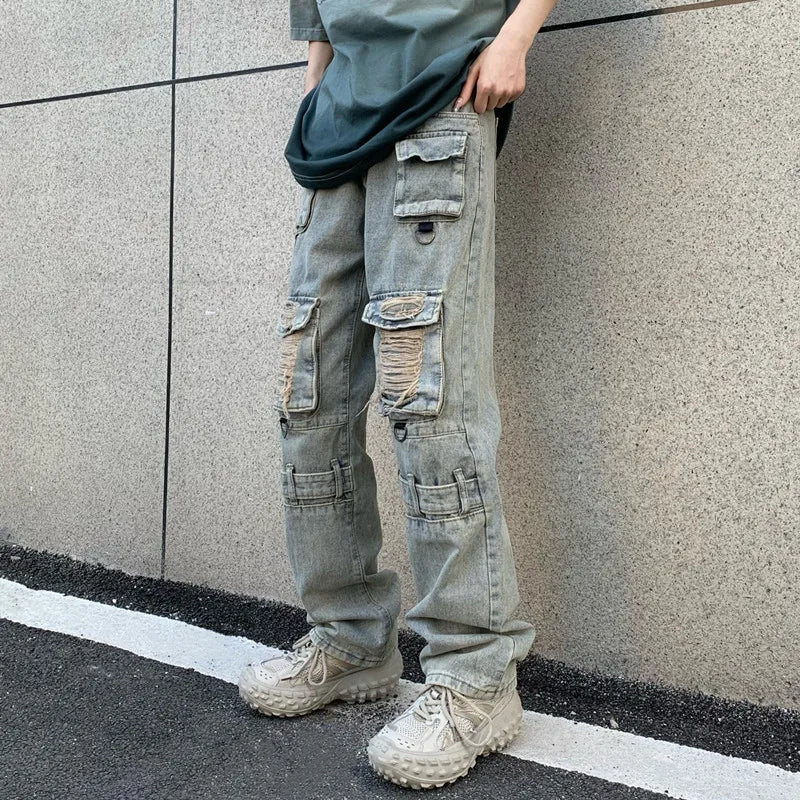 Pockets Y2K Streetwear Ripped Jeans Cargo Pants For Men Clothing Straight Vintage Hip Hop Denim Trousers Ropa Hombre