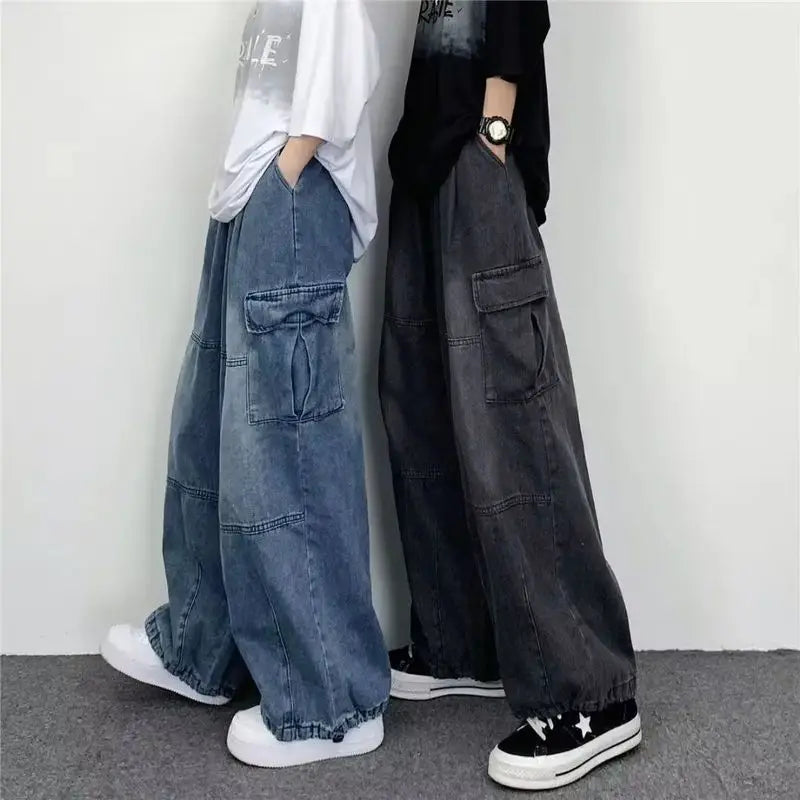 saferido Spring Autumn High Street Hip Hop Wide Leg Trousers Men's Straight Leg Loose Casual Big Pocket Jeans Men Bottom Male