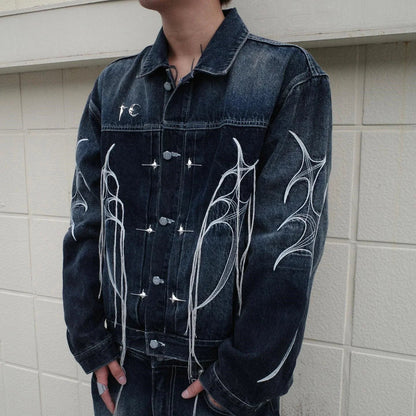 saferido Harajuku Wing Embroidery String Tassel Black Jeans Jacket for Men and Women Lapel Washed Casual Bomber Denim Coat Oversized