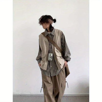 Spring New Japanese Set Mens Fake Two Pieces Striped Tooling Shirts+casual Wide Leg Pants 2-Pcs Set College Retro Suit Unisex