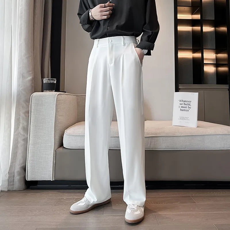 Spring Summer Men Casual Suit Pants Long Straight Draped Freedom Trousers Male Solid Stretch Waist Oversized Pants Black White