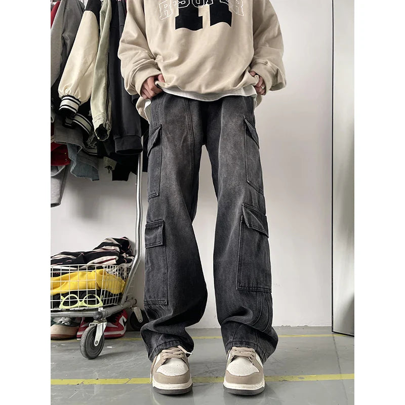 Men's Patchwork Blue Cargo Jeans Unisex Straight Casual Trousers Men Muti-pockets Hip Hop Streetwear 90s Vintage Fashion Pants