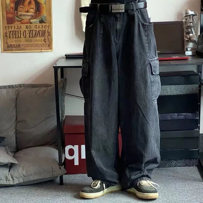 saferido Baggy Jeans for Men Black Denim Cargo Pants Wide Leg Pants Oversize Cargo Pants Korean Streetwear Hip Hop Harajuku