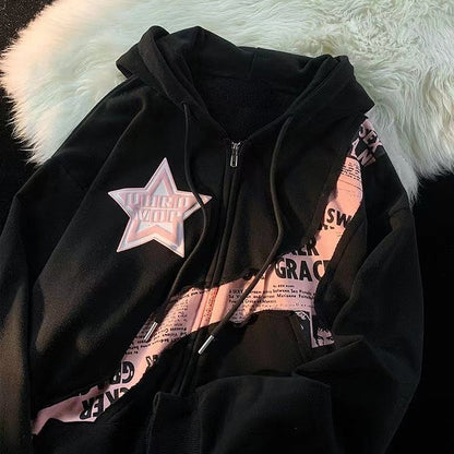 Y2K zip up hoodie Harajuku American-style retro High Street Embroidery stars Zipper hoodie women loose lazy style chic coat top