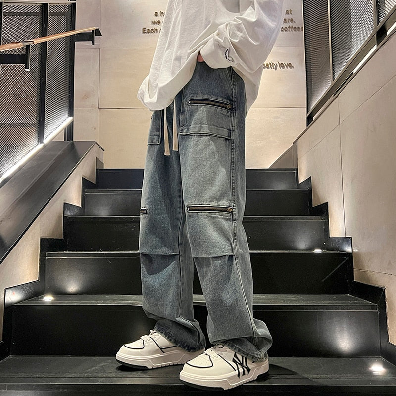 Streetwear Hip Hop Low Rise For Men Korean Y2k Fashion Trousers Cross Denim Pants Black Grey Blue Baggy Jeans Male Cargo Pants